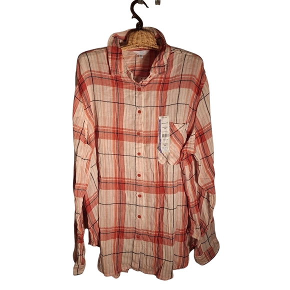 Plaid Button Down Long Sleeved Shirt 100% Cotton Ladies XXL 20 NWT PINK Trucker - Picture 1 of 5